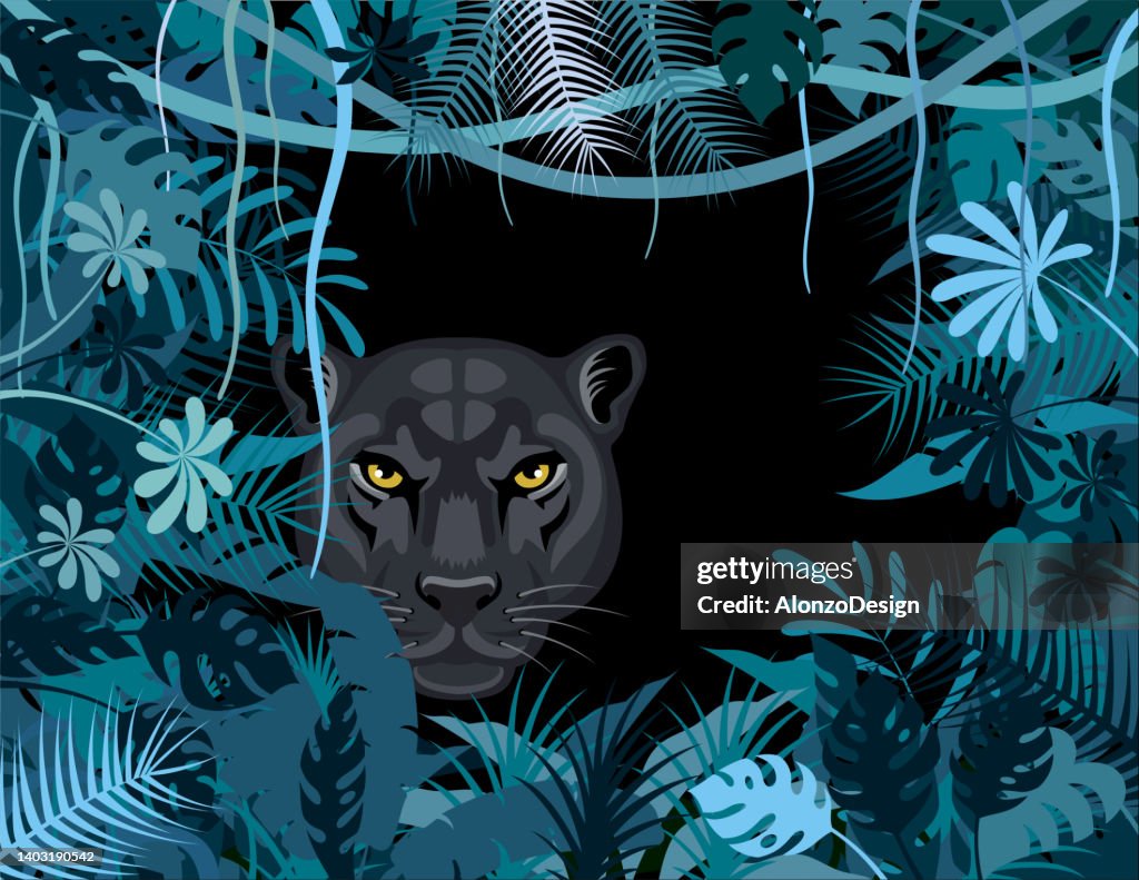 Black Leopard in the jungle. Mascot Creative Logo Design.