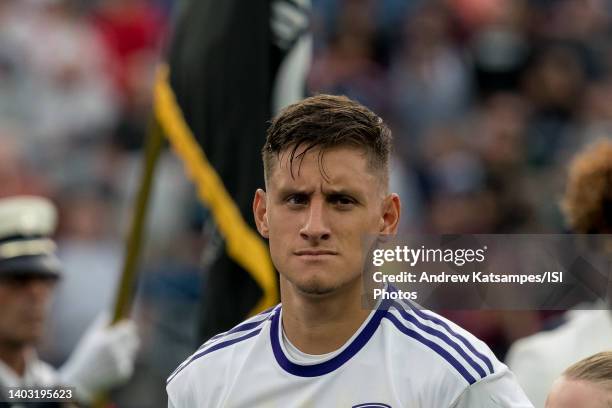 Rodrigo Schlegel of Orlando City before a game between Orlando City SC and New England Revolution at Gillette Stadium on June 15, 2022 in Foxborough,...