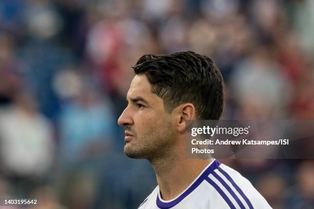 Alexandre Pato of Orlando City before a game between Orlando City SC and New England Revolution at Gillette Stadium on June 15, 2022 in Foxborough,...