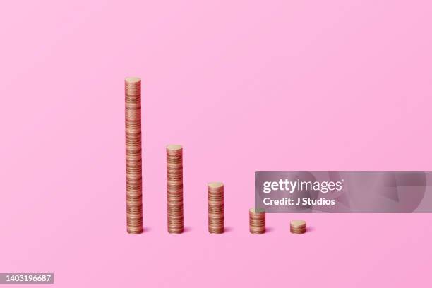 market crash graph made of gold coins - salary drop illustration stock pictures, royalty-free photos & images