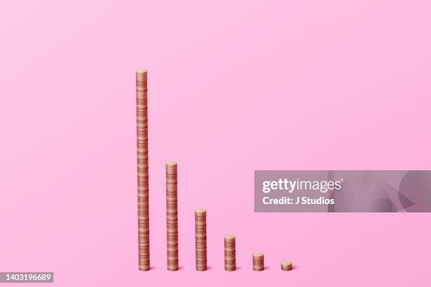 exponential decay graph made with gold coins - salary drop illustration stock pictures, royalty-free photos & images