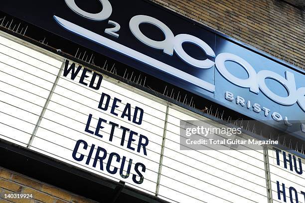 Sign on the exterior of the O2 Academy Bristol, showing the concert date for Australian alternative rock band Dead Letter Circus during a shoot for...
