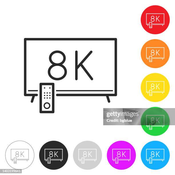 ilustraciones, imágenes clip art, dibujos animados e iconos de stock de tv 8k. icono en botones coloridos - pantalla plasma