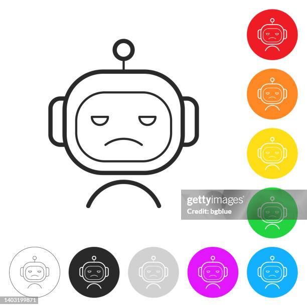 sad bot - robot face. icon on colorful buttons - robot character set stock illustrations