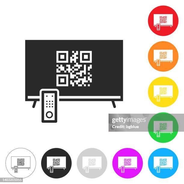 tv with qr code. icon on colorful buttons - reading label stock illustrations
