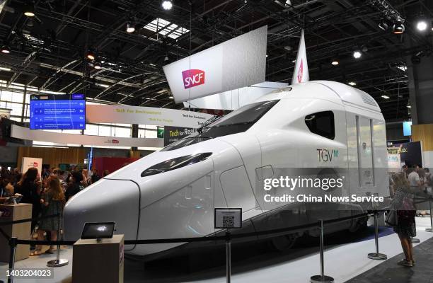 The nose of the SNCF's TGV "M" next generation high-speed train is on display during the Viva Technology 2022 at Paris Expo Porte de Versailles on...