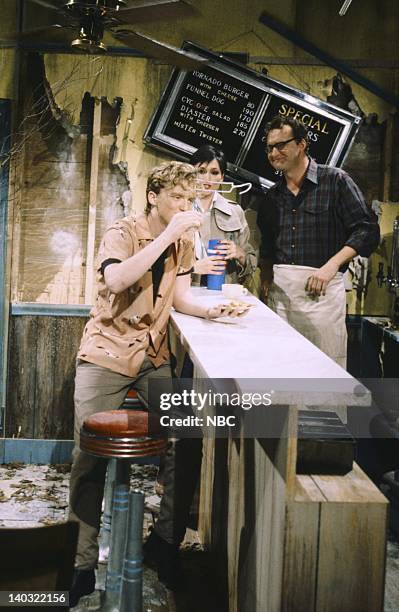 Episode 17 -- Pictured: Anthony Michael Hall as Lonnie, Nora Dunn as Karen Johnson, Randy Quaid as Bud Stubbs during the 'Tornadoville' skit on May...