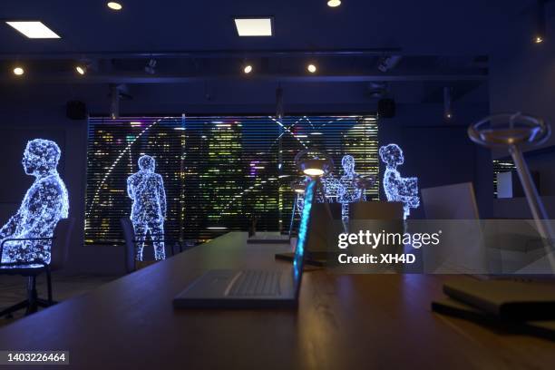 teamwork im metaversum mit der skyline von cyber city - digital people stock-fotos und bilder