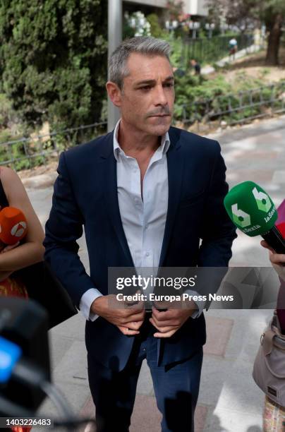 Silvia Indalia's partner, Daniel Puyato, gives statements to the media upon his arrival to testify at the Plaza Castilla Courts, on 16 June, 2022 in...