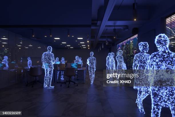 trabajo en equipo en metaverso con el skyline de cyber city - humano-robot fotografías e imágenes de stock