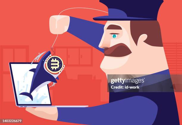 security guard catching shark on laptop - guarding money stock illustrations