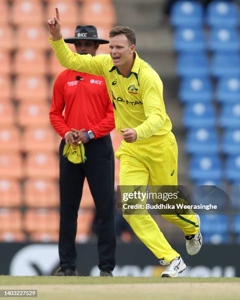 Matthew Kuhnemann of Australia celebrates dismissing Pathum Nissanka of Sri Lanka during the 2nd match in the ODI series between Sri Lanka and...