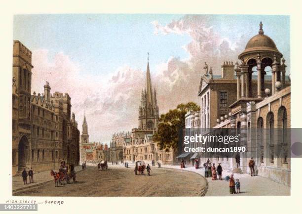 the high street, oxford, england, 1890s, 19th century, victorian art - oxford england stock illustrations