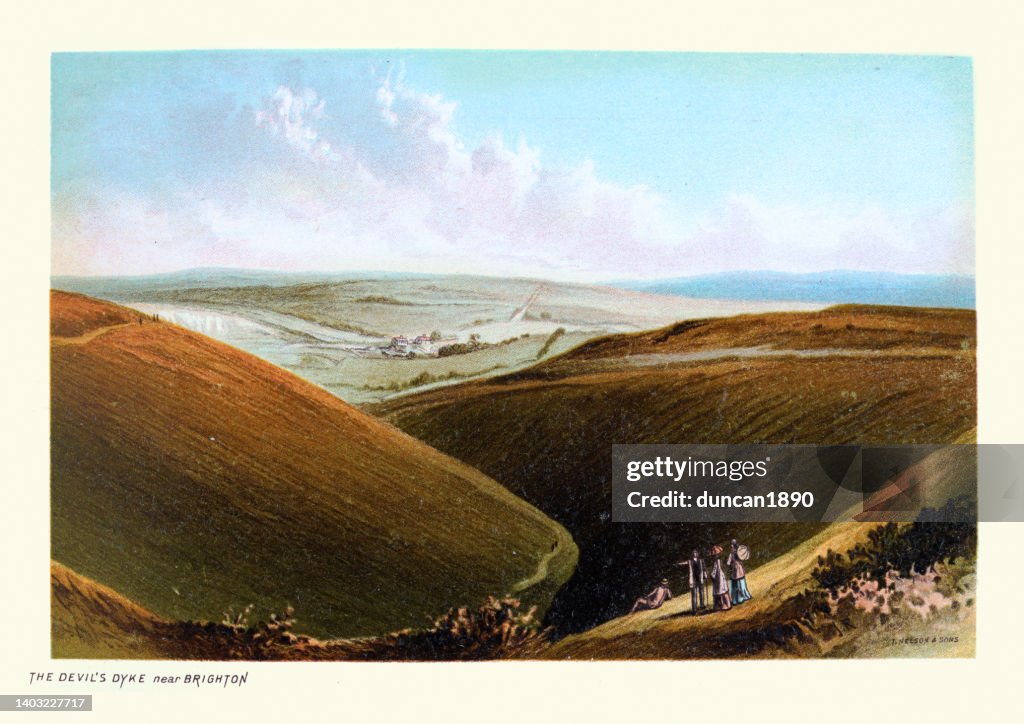 Devil's Dyke, 100m deep V-shaped dry valley on the South Downs in Sussex, 1890s, 19th Century, Victorian landscape art