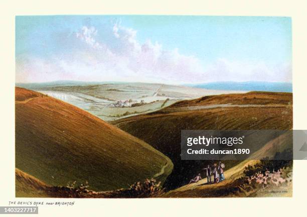 devil's dyke, 100m deep v-shaped dry valley on the south downs in sussex, 1890s, 19th century, victorian landscape art - england landscape stock illustrations