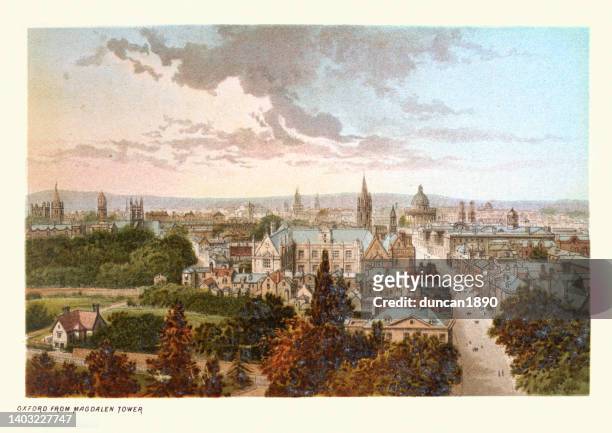 ilustrações de stock, clip art, desenhos animados e ícones de cityscape of oxford, england from magdalen tower, 1890s, 19th century, victorian art - oxford   england
