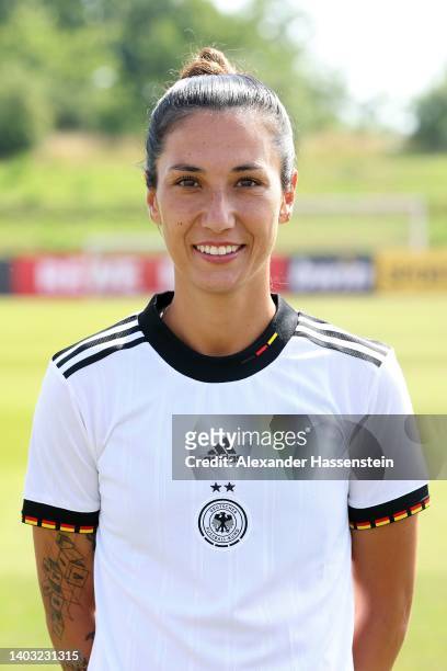 Sara Doorsoun of Germany poses during the team presentation of the German Women's national soccer team at Adi-Dassler-Stadion of adidas Herzo Base...