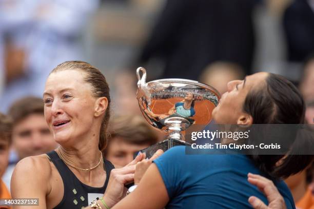 Caroline Garcia and Kristina Mladenovic of France with the winners trophy after their victory against Coco Gauff and Jessica Pegula of the United...