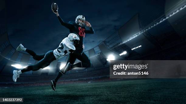 collage with two american football players in action, motion. sportsmen fight for ball during game at crowded stadium at evening time - quarterback isolated stock pictures, royalty-free photos & images