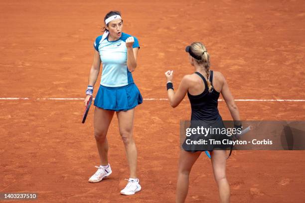 Caroline Garcia and Kristina Mladenovic of France react during their victory against Coco Gauff and Jessica Pegula of the United States during the...