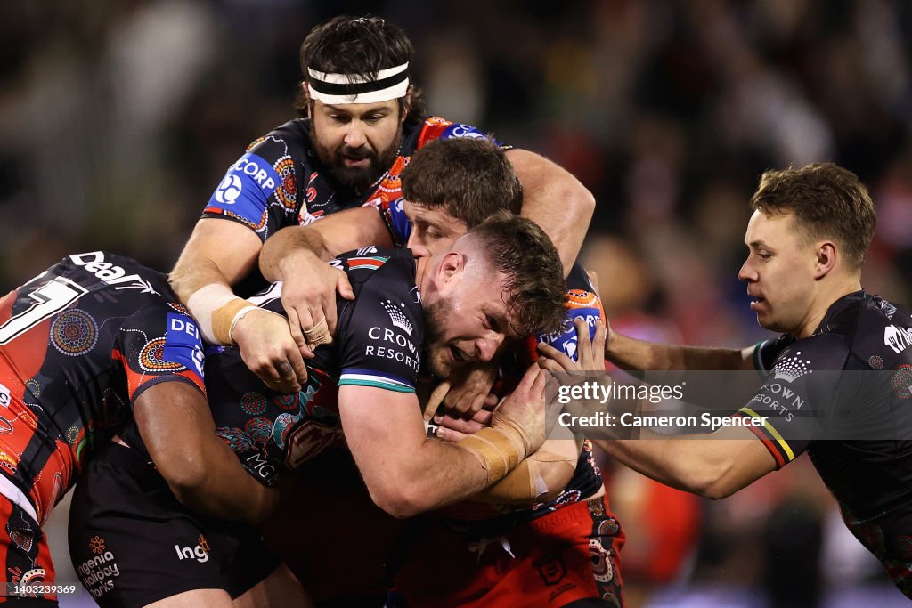 Jai Rabbithoes Jai Arrow of the Rabbitohs is tackled during the round 15 NRL match ...