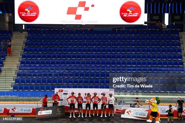 Johan Price-Pejtersen of Denmark, Yukiya Arashiro of Japan, Edoardo Zambanini of Italy, Stephen Williams of United Kingdom Yellow Leader Jersey,...