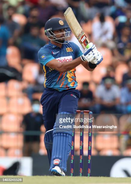 Dasun Shanaka of Sri Lanka bats during the 2nd match in the ODI series between Sri Lanka and Australia at Pallekele Cricket Stadium on June 16, 2022...