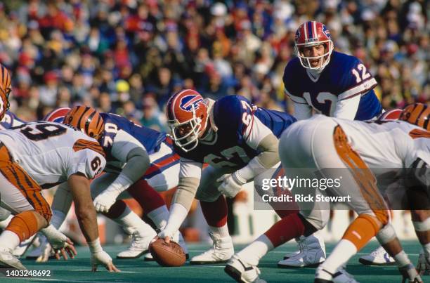 Jim Kelly, Quarterback for the Buffalo Bills calls the play on the line of scrimmage during the American Football Conference East game against the...