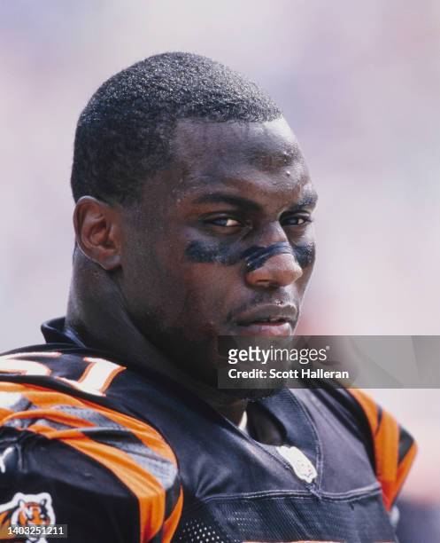 Takeo Spikes, Right Inside Linebacker for the Cincinnati Bengals looks on from the side line during the National Football Conference West game...