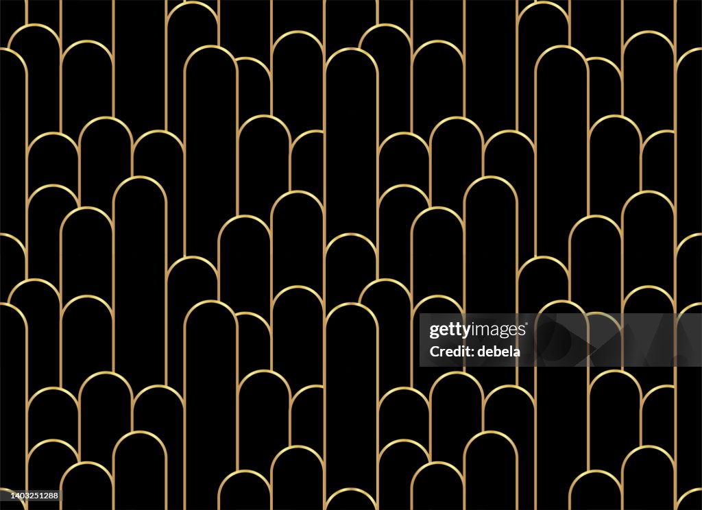 Gold and black luxury arches pattern. Art Deco wallpaper design.