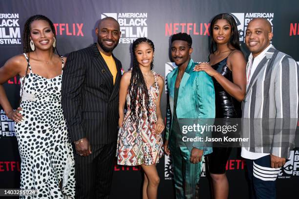 Cassandra Freeman, Adrian Holmes, Akira Akbar, Jordan Jones, Coco Jones and Rasheed Newson attend the opening night premiere of "Civil" at the 2022...