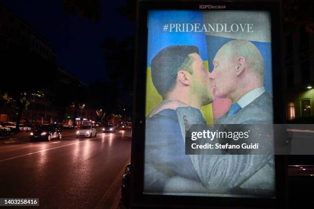 General view of the street artist Andrea Villa's poster created by him, ahead of the LGBTQ+ Turin Pride this weekend, depicting Ukrainian President...