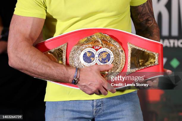 Detailed view of the Vacant IBF International Heavyweight Championship belt is seen during the Wasserman Official Weigh-In at Hilton Liverpool City...