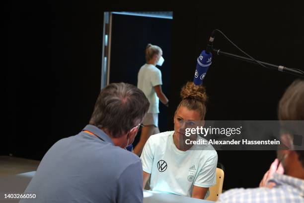 Linda Dallmann talks to the media during the media day of the German Women's national soccer team at Adi-Dassler-Stadion of adidas Herzo Base global...