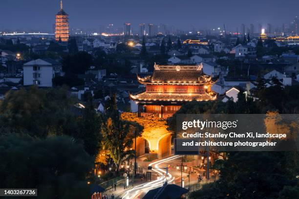 ancient city gate night view - jiangsu province stock pictures, royalty-free photos & images