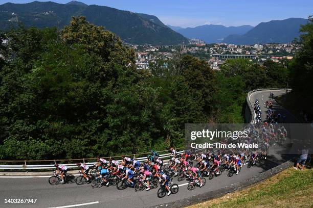 General view of the Peloton passing through Vacallo during the 85th Tour de Suisse 2022 - Stage 5 a 190,1km stage from Ambri to Novazzano 364m /...