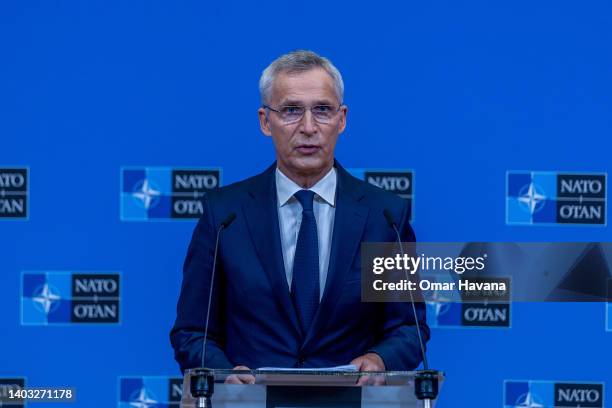 Secretary General Jens Stoltenberg holds the closing press conference at NATO headquarters during the second of two days of defence ministers'...