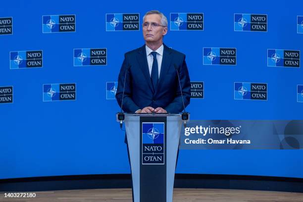 Secretary General Jens Stoltenberg holds the closing press conference at NATO headquarters during the second of two days of defence ministers'...