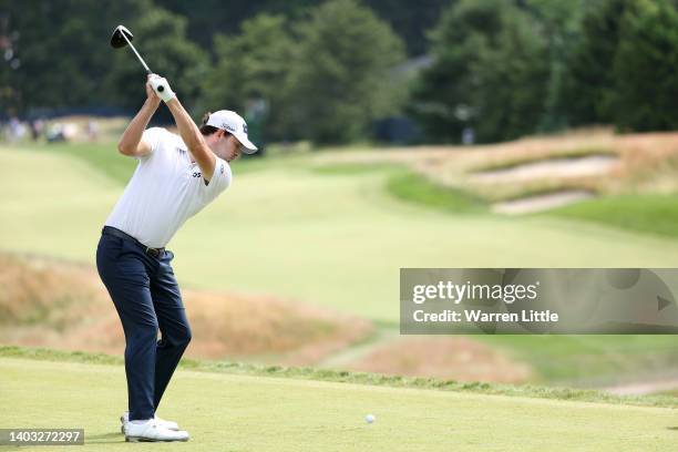Patrick Cantlay of the United States plays his shot from the eighth tee during round one of the 122nd U.S. Open Championship at The Country Club on...