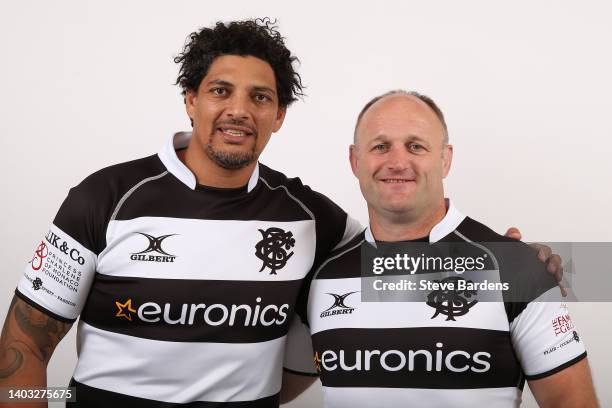 Karim Ghazal and William Servat of the Barbarians Coaching staff pose for a portrait on June 16, 2022 in London, England. The Barbarians will play...