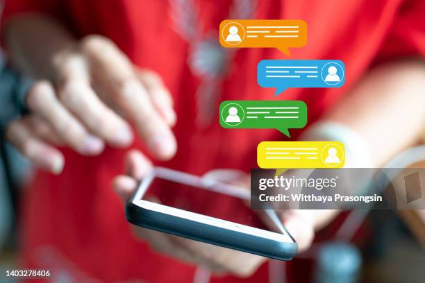 women's hand typing on mobile smartphone, live chat chatting on application communication digital web and social network concept. - digital customer support stock-fotos und bilder