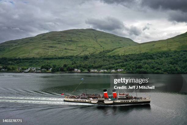 The Waverley Paddle Steamer is seen in Loch Long as it celebrates it 75th anniversary on June 16, 2022 in Arrochar, Scotland. The world's last...