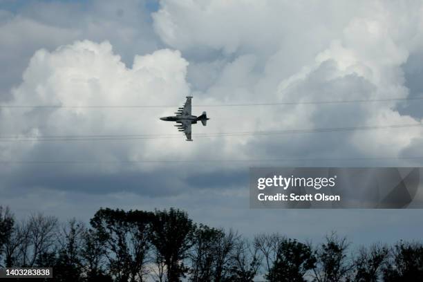 Ukrainian Air Force Sukhoi Su-25 jet buzzes low in the sky on June 16, 2022 in the Donetsk region, Ukraine. In recent weeks, Russia has concentrated...