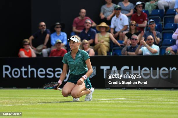 Dayana Yastremska of Ukraine celebrates match point against Jelena Ostapenko of Latvia in the singles round of 16 match on Day Six of the Rothesay...