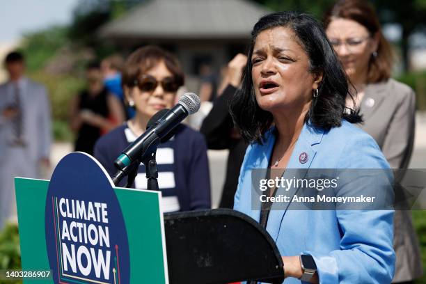 Rep. Pramila Jayapal speaks at a news conference outside of the U.S. Capitol Building on June 16, 2022 in Washington, DC. During the press conference...