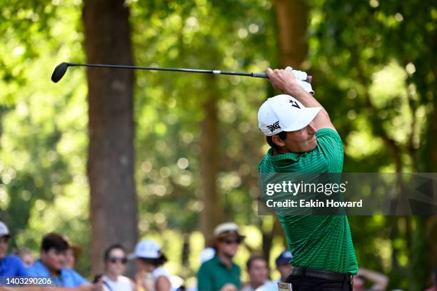 Charlie Saxon plays his shot from the 18th tee during the final round of the BMW Charity Pro-Am at Thornblade Club on June 12, 2022 in Greer, South...