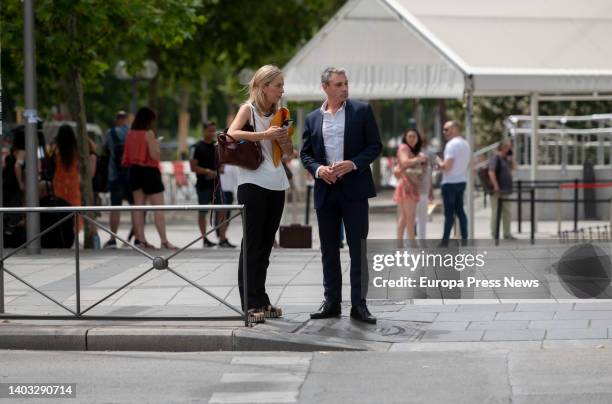 The family's lawyer, Mar de la Loma and Silvia Indalia's partner, Daniel Puyato, as they leave the Plaza Castilla Courts, on 16 June, 2022 in Madrid,...