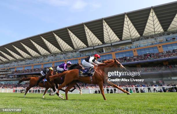 Kyprios ridden by Ryan Moore beats Mojo Star ridden by Rossa Ryan and Stradivarius ridden by Frankie Dettori on the way to winning The Gold Cup...