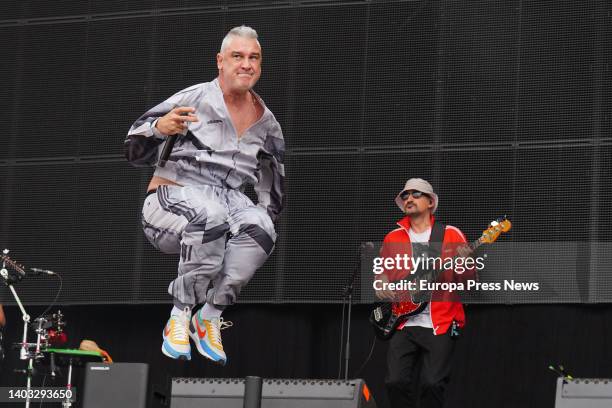 Rapper and producer Kase. O jumps during his performance on the first day of the 'O son do Camiño' festival, at Monte do Gozo, on 16 June, 2022 in...