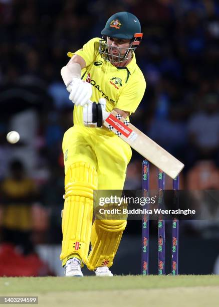 Travis Head of Australia bats during the 2nd match in the ODI series between Sri Lanka and Australia at Pallekele Cricket Stadium on June 16, 2022 in...